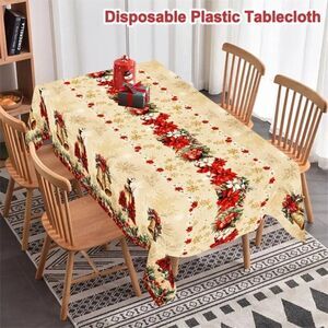 51x87in Elegant Disposable Red Poinsettia Floral Plastic Christmas Tablecloth